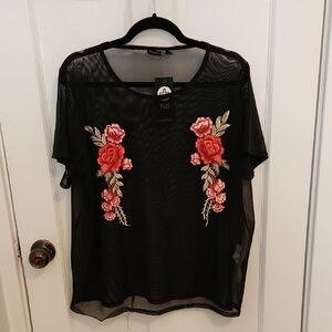 Boohoo Plus Black Sheer Blouse with Red Floral Embroidery